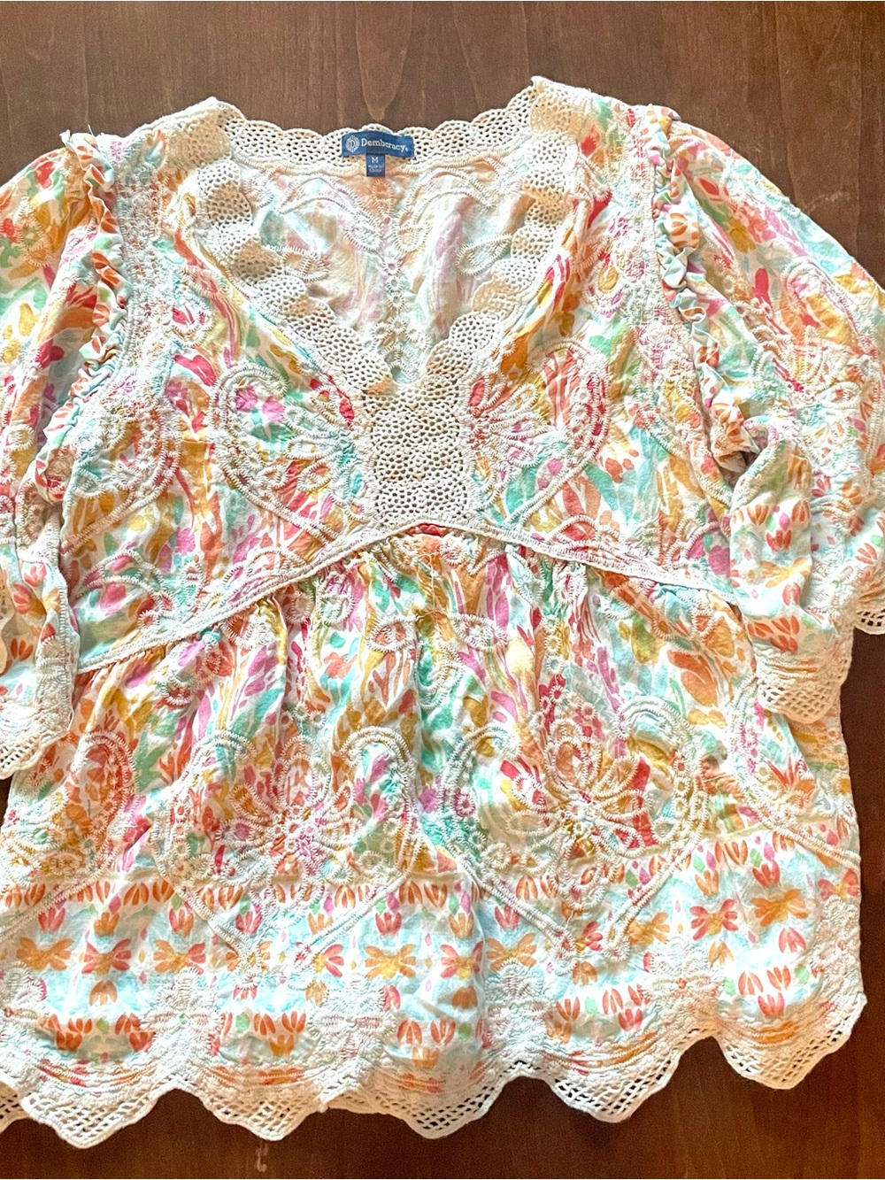 Democracy Floral Crochet-Trim Peasant Blouse in White, Pink, Orange, Green